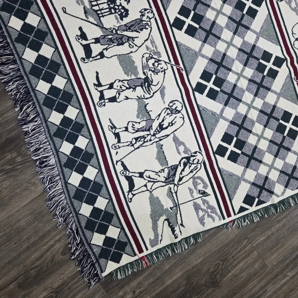 Vintage Golf Tapestry Throw Blanket Argyle Woven‎ Fringe Excellent Country Club